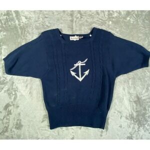 VTG Bechamel Womens Sweater Medium Navy Anchor Knit Nautical Coastal Preppy Top